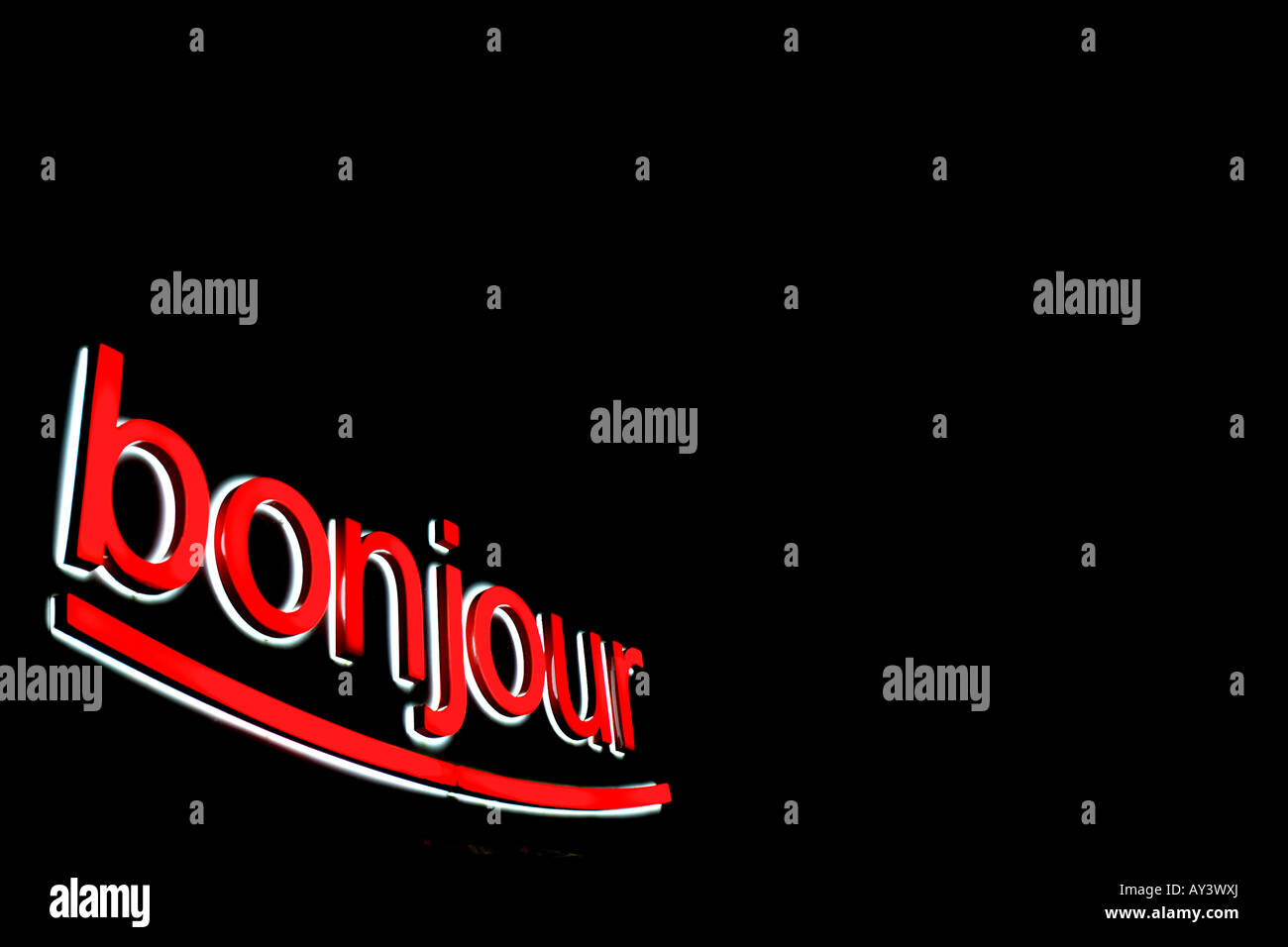 A sign reading Bonjour is seen at a petrol station in France Stock Photo