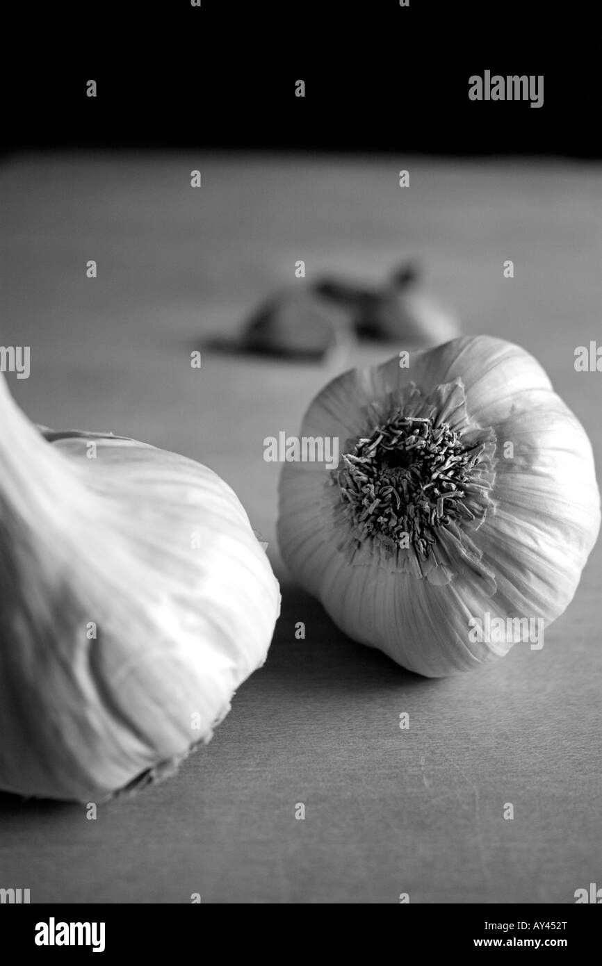 black & white closeup on garlic bulbs and cloves Stock Photo