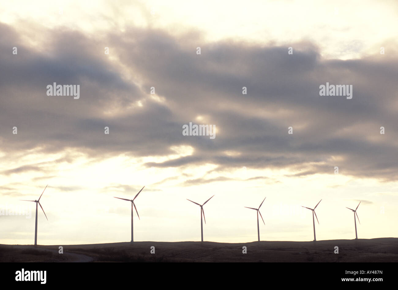 Wind turbines at Sunset in a wind Farm Stock Photo