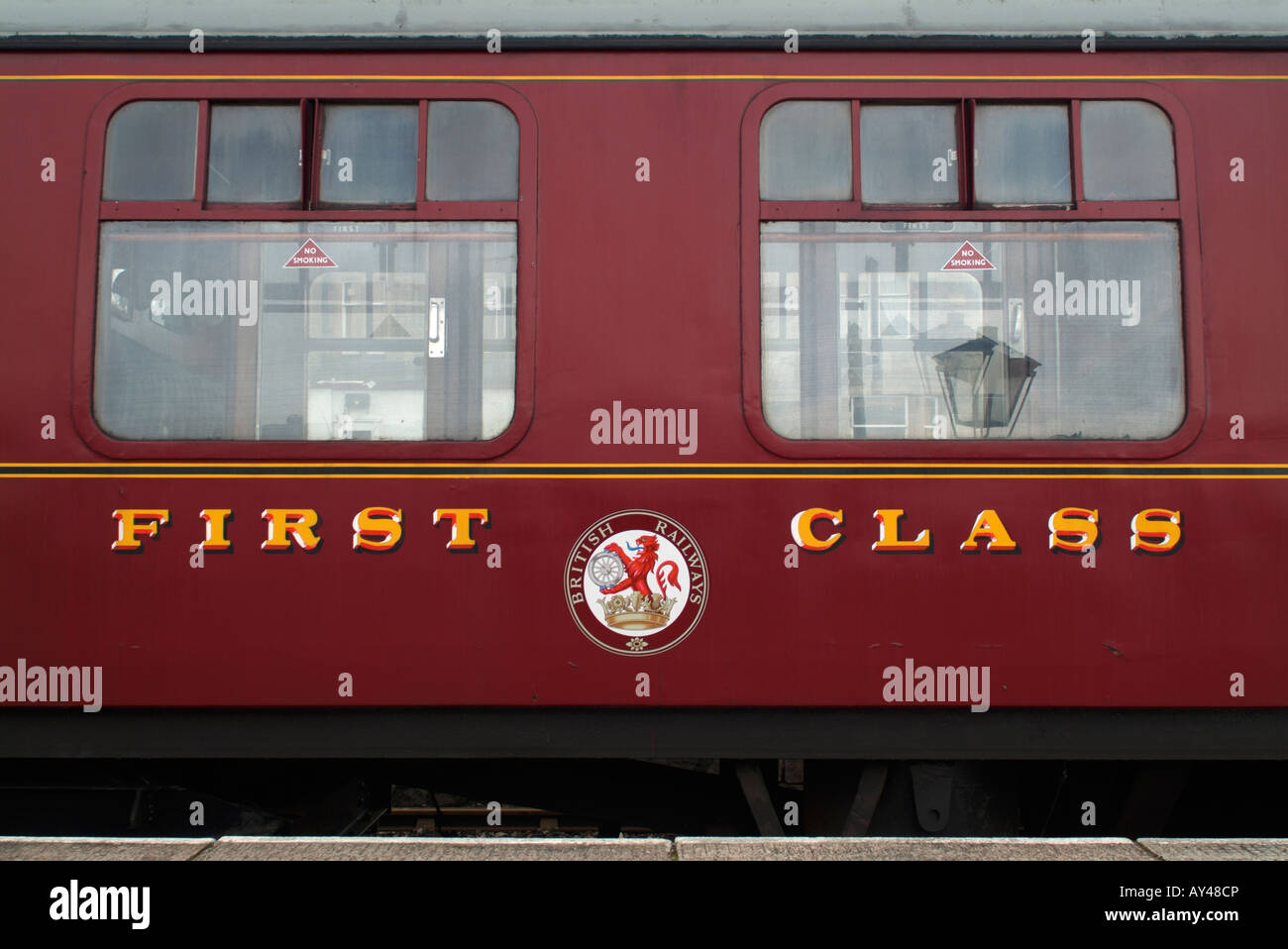 Vintage First Class carriages at Boat of Garten station, Highland (editorial only). Stock Photo