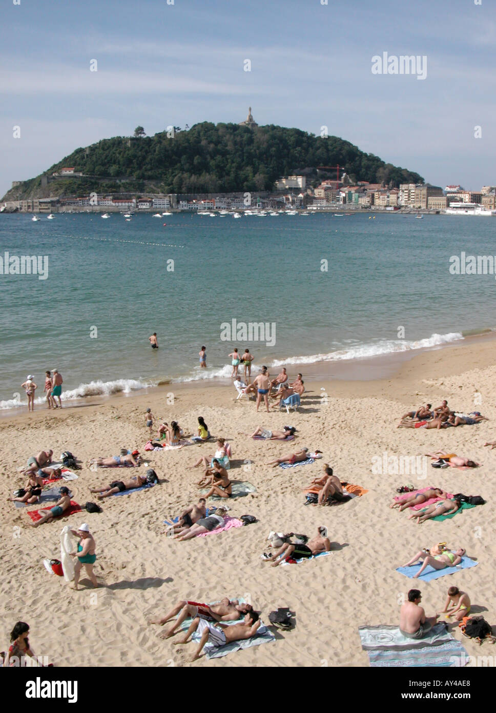 sunbathers on the beach at Playa de la Concha San Sebastian Spain Stock Photo