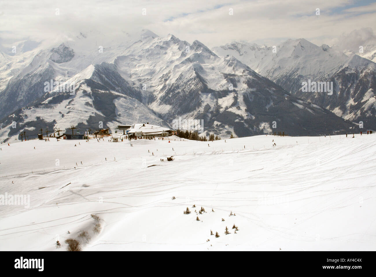 Swiss Alps mountainous landscape, Crans-Montana ski resort, Switzerland. Stock Photo