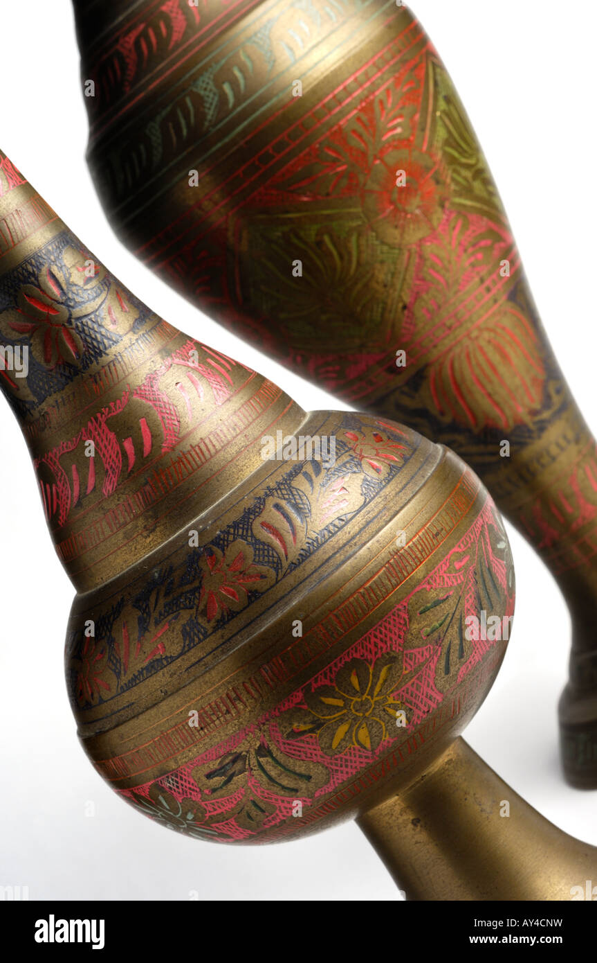 Two tall vintage decorative brass flower vases Stock Photo Alamy