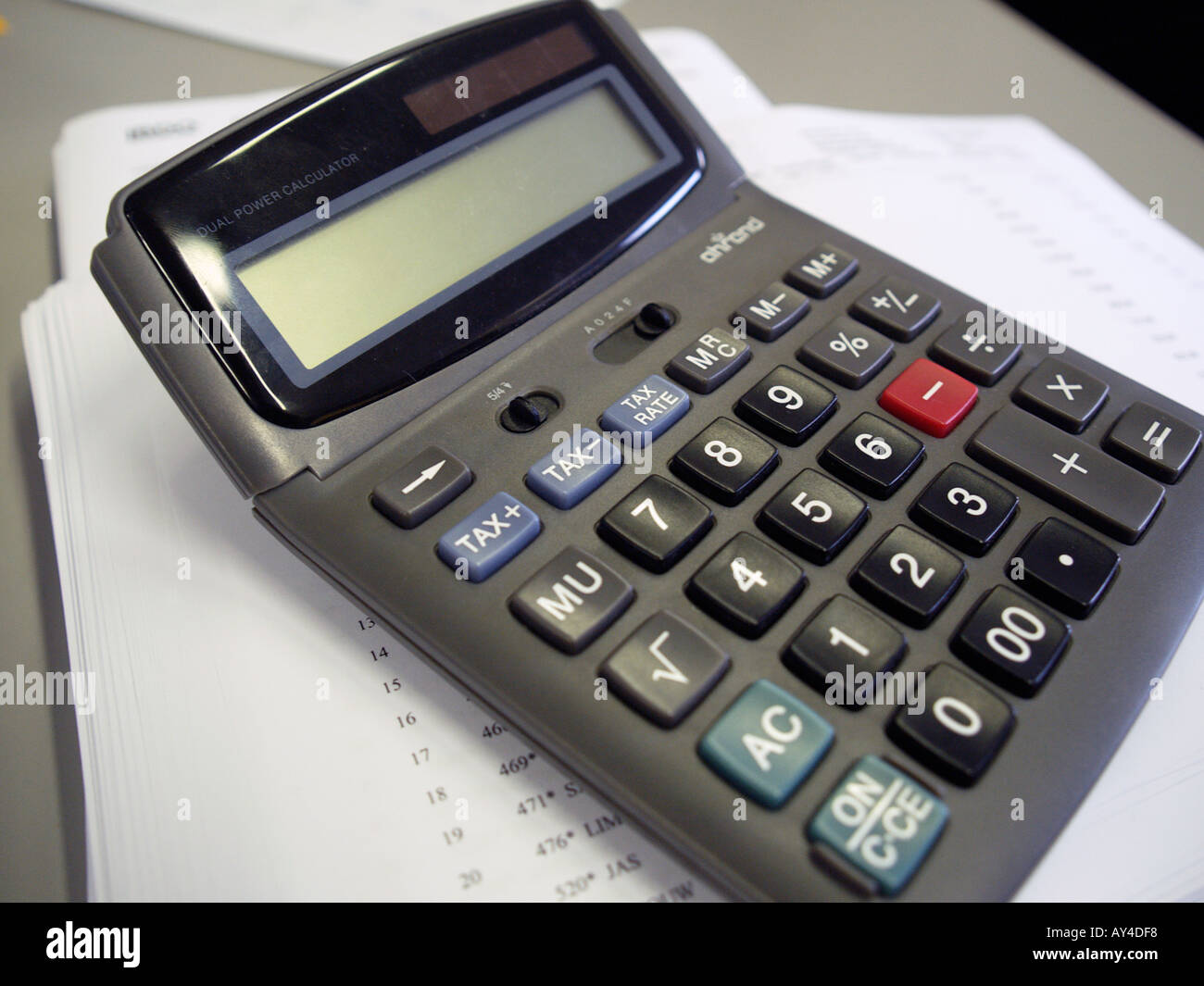 Special calculator with tax plus tax minus and tax rate buttons with empty display Stock Photo