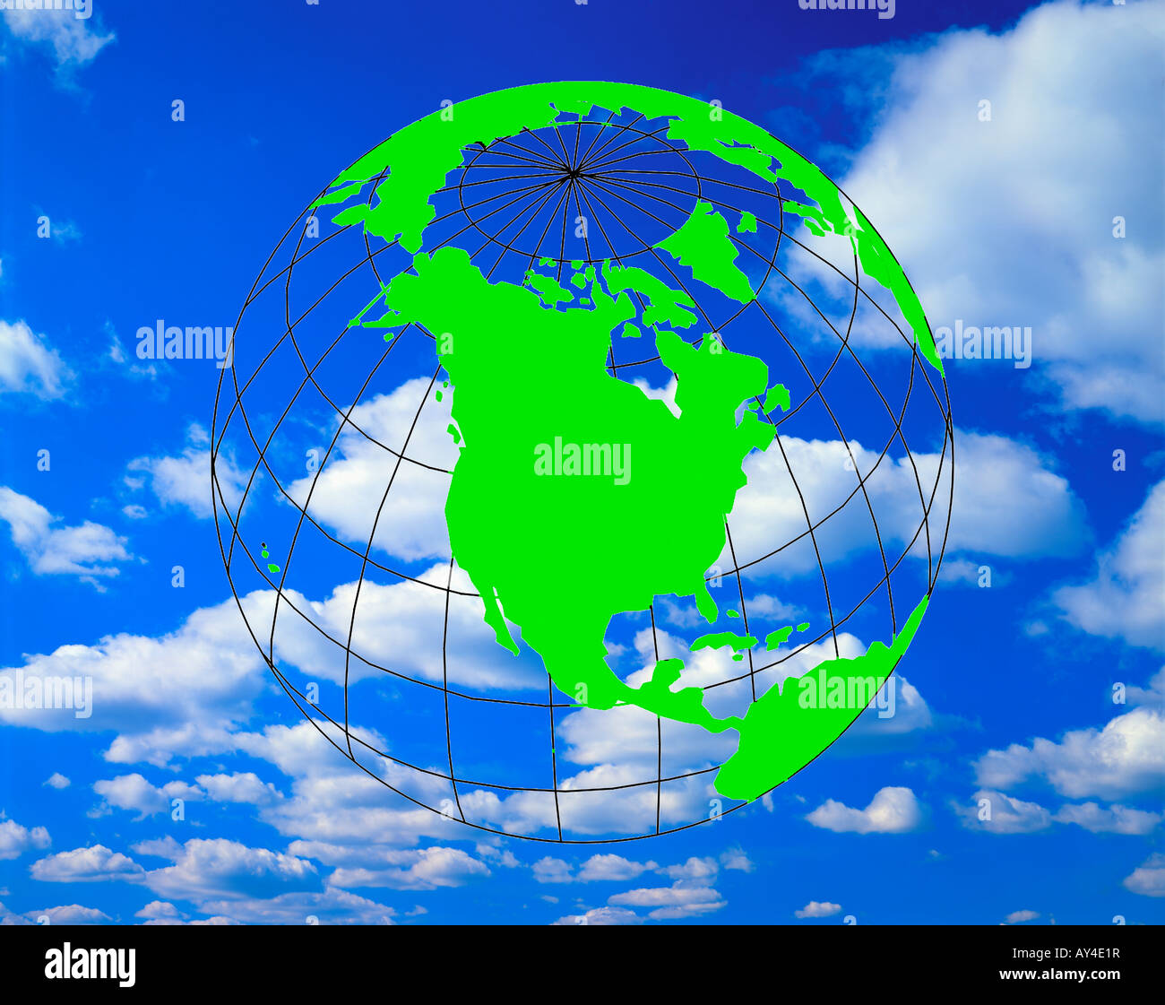 transparent earth globe superimposed on sky and clouds Stock Photo