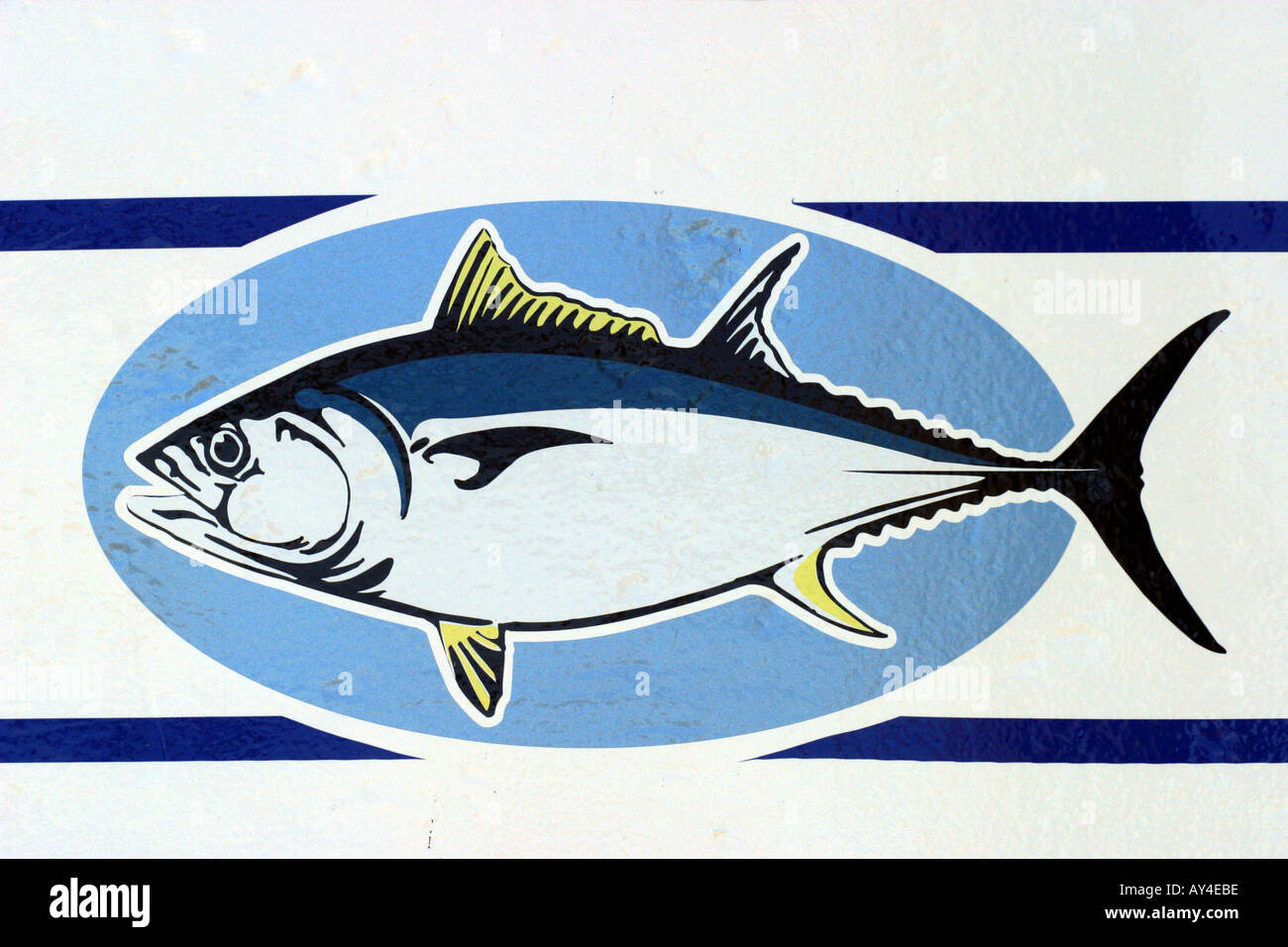 Tuna fish artwork on aft section of fishing boat in Newport Oregon