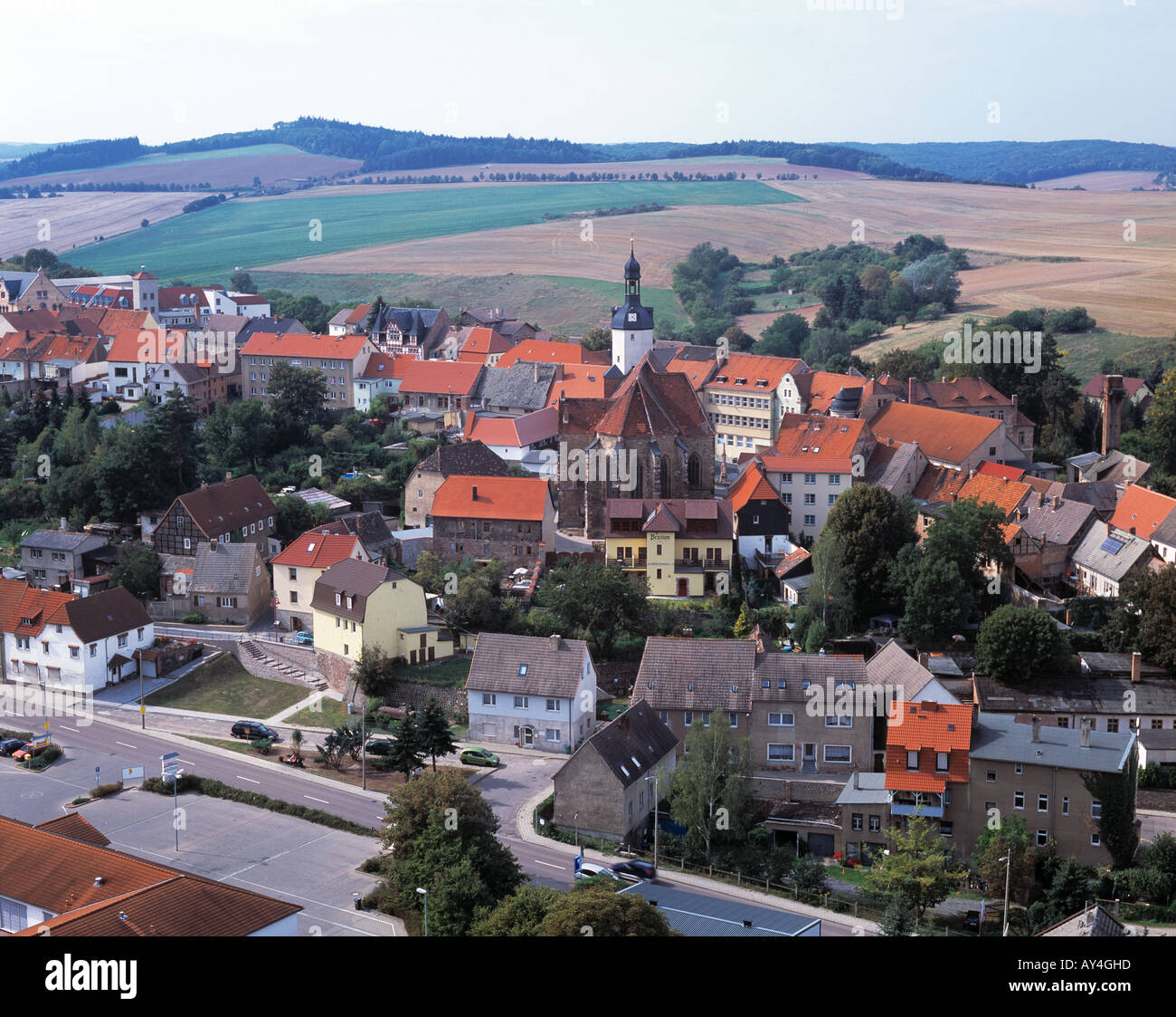 Panoramaansicht der Stadt Mansfeld mit Kirche St. Mansfelder
