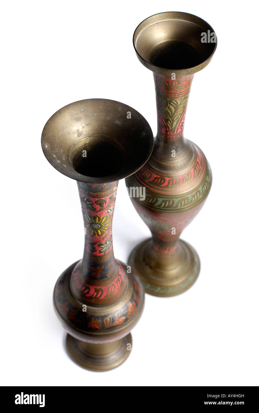 Two Tall Vintage Decorative Brass Flower Vases Stock Photo