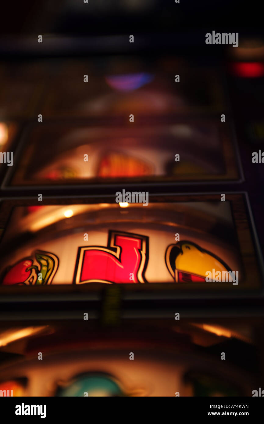 Number 7 (seven) on slot machine (fruit machine) in amusement arcade Stock Photo