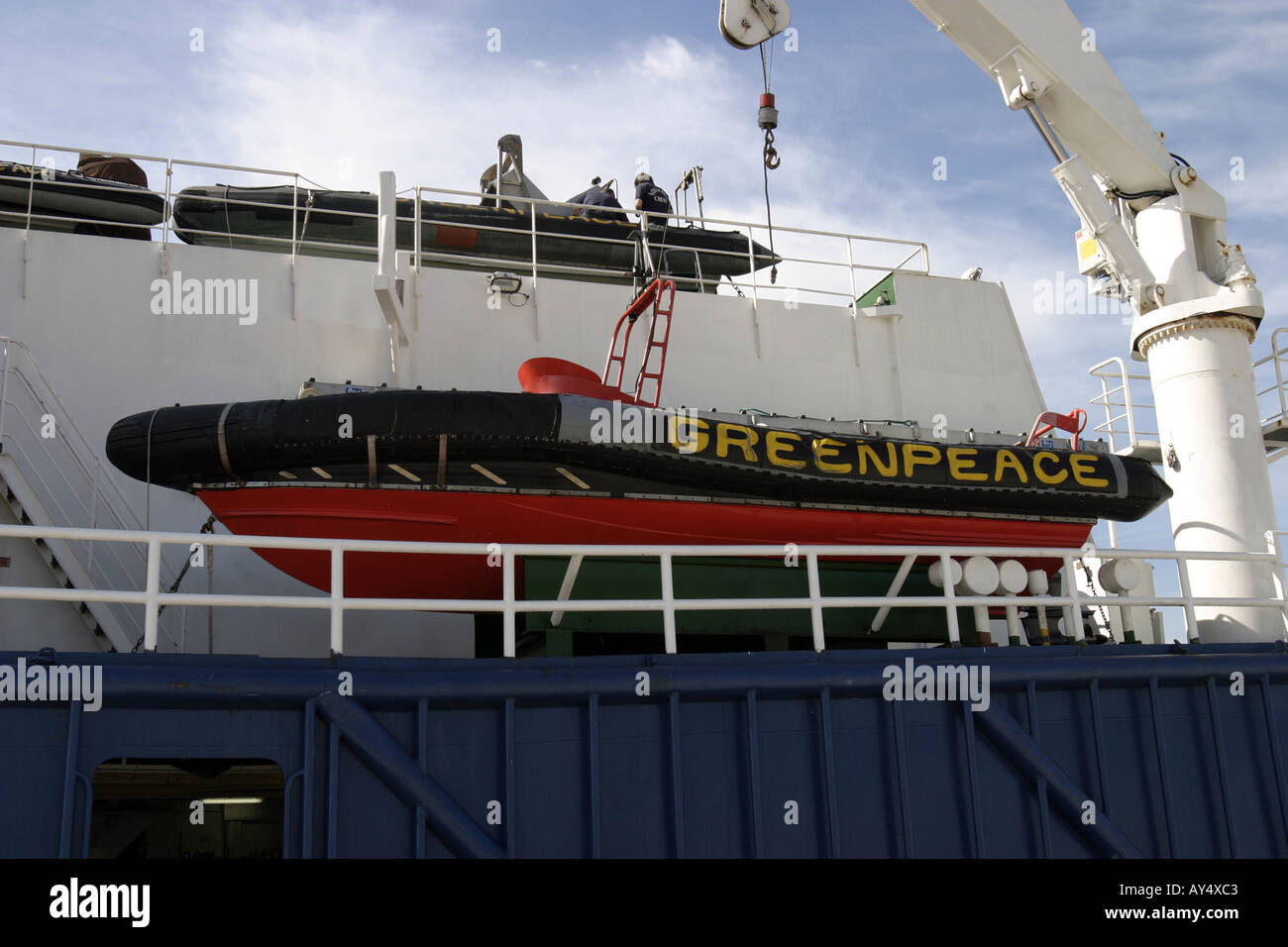 RIB on the deck of the Greenpeace ship Esperanza Stock Photo