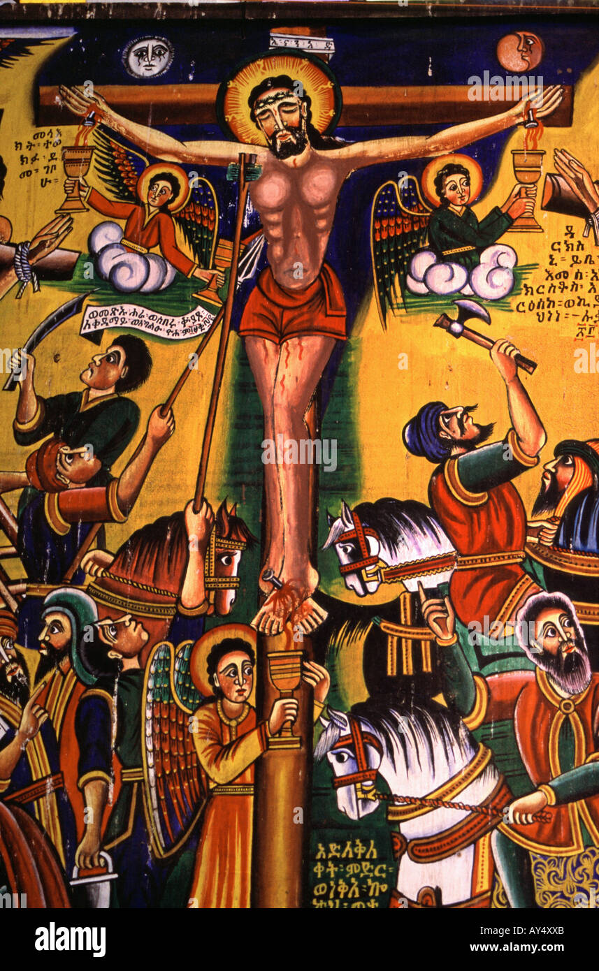 Painting of Jesus Christ on the Cross inside the new cathedral of Saint Mary of Zion Axum Ethiopia Stock Photo