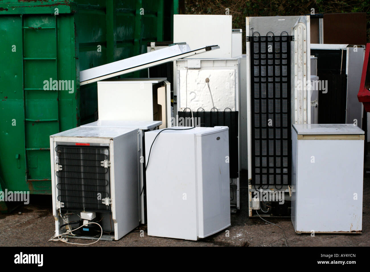 REFRIGERATORS ARE SEGREGATED FOR DEGASSING AND RECYCLING AT A RECYLING CENTRE IN DEVON Stock Photo