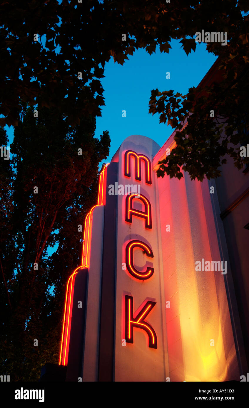 Neon MACK sign on historic movie theater in downtown McMinnville Oregon USA Stock Photo