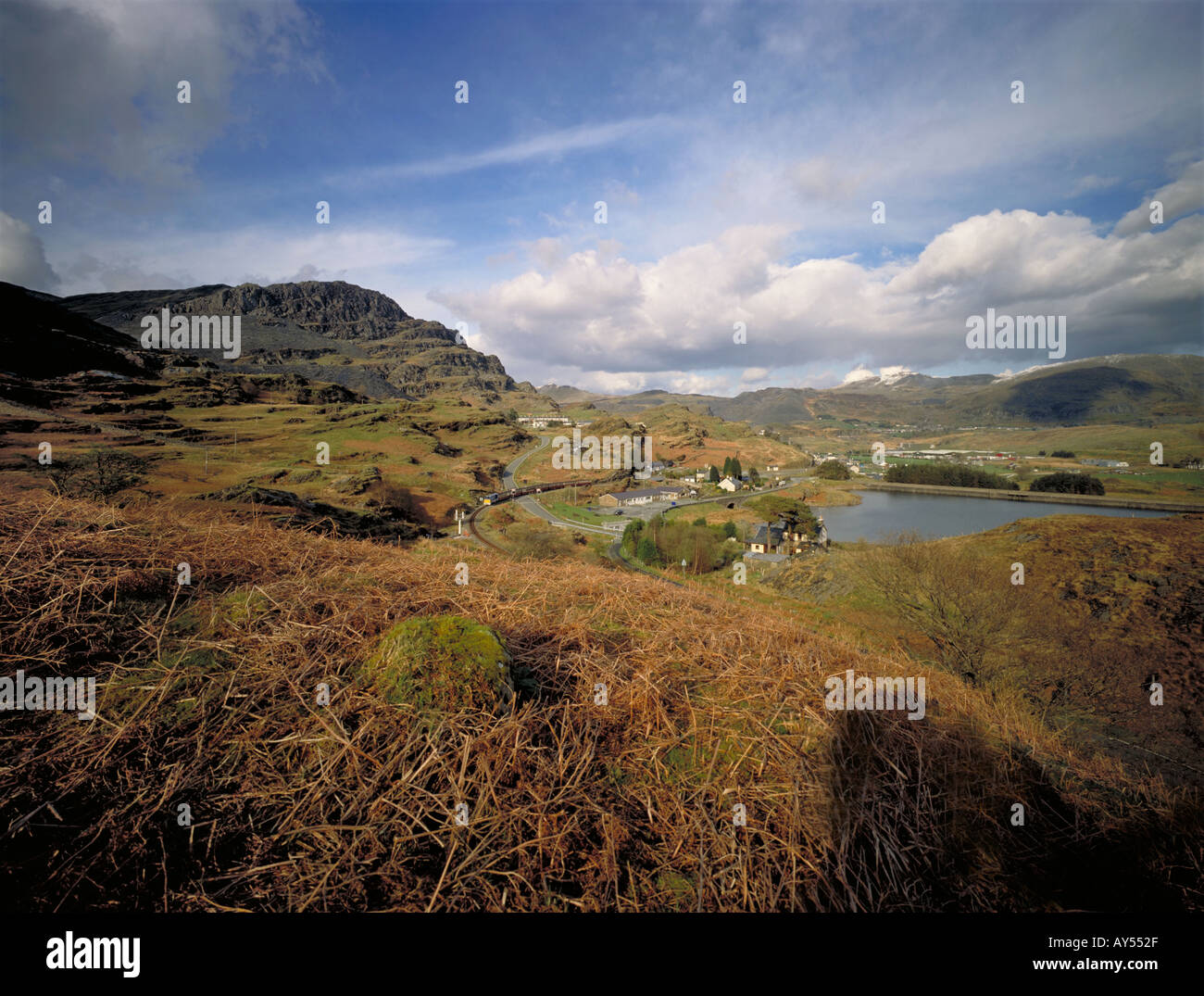 Train on Ffestiniog railway. View towards Blaenau Ffestiniog and slate