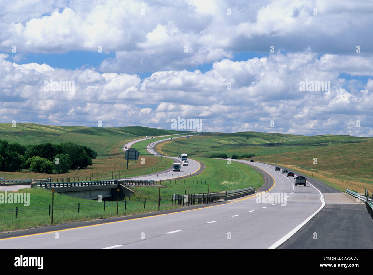 Automobiles travel on Interstate 90 through South Dakota Stock