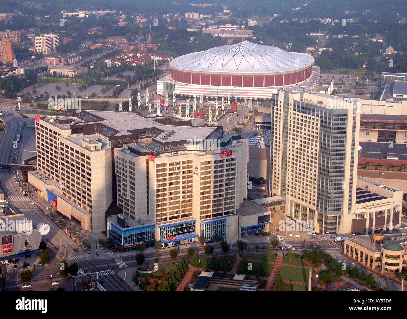 CNN World HQ Headquarters in Atlanta USA and Georgia Dome Stock Photo
