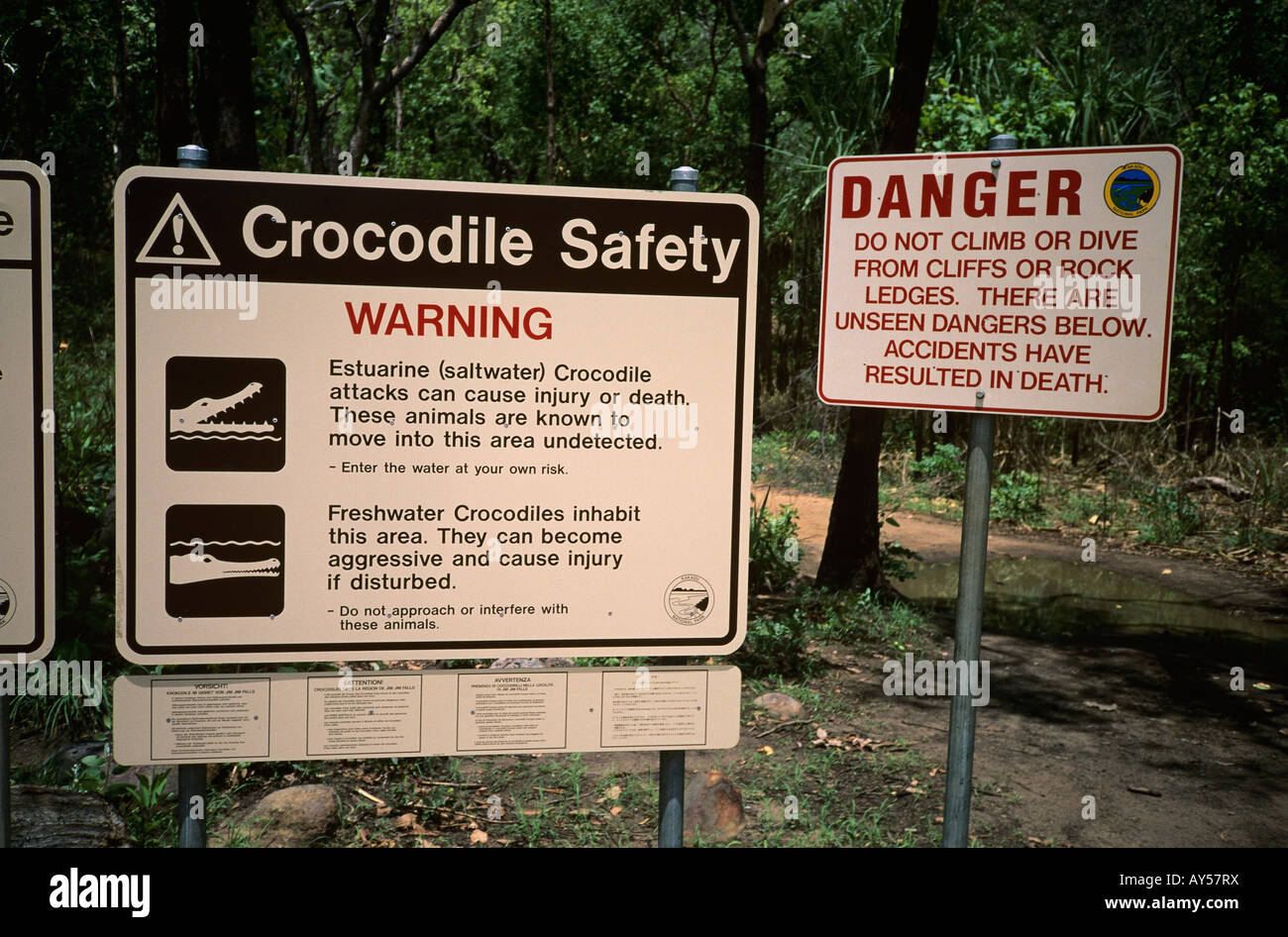 Crocodile warnings in Jim Jim Falls Kakadu National Park Northern Territory Australia Stock Photo