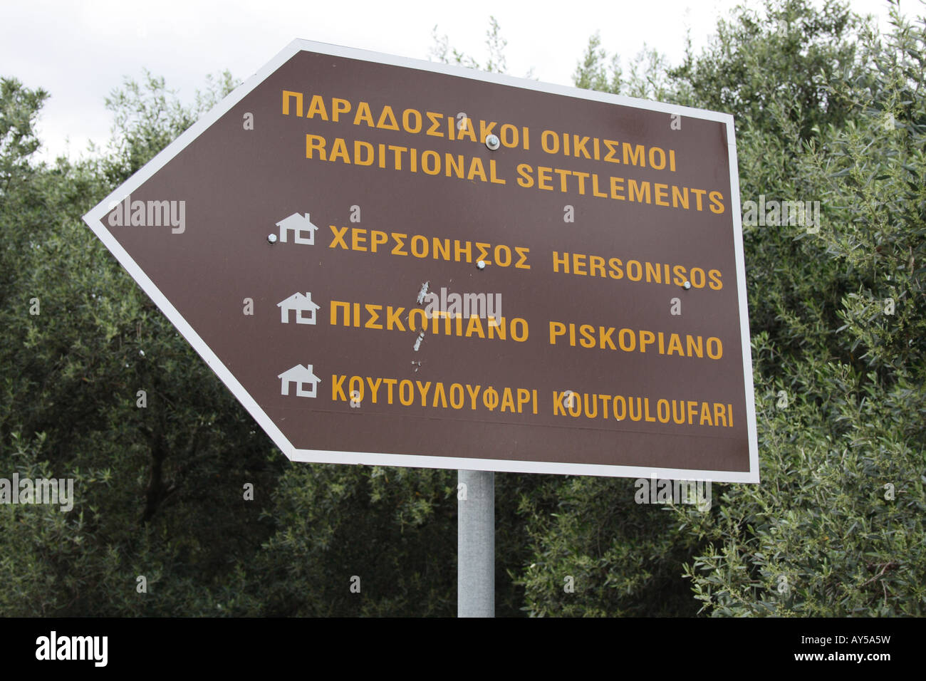 finger pointer to traditional settlement villages Hersonisos, Piskopiano, Koutouloufari, Crete, Greece. Photo by Willy Matheisl Stock Photo