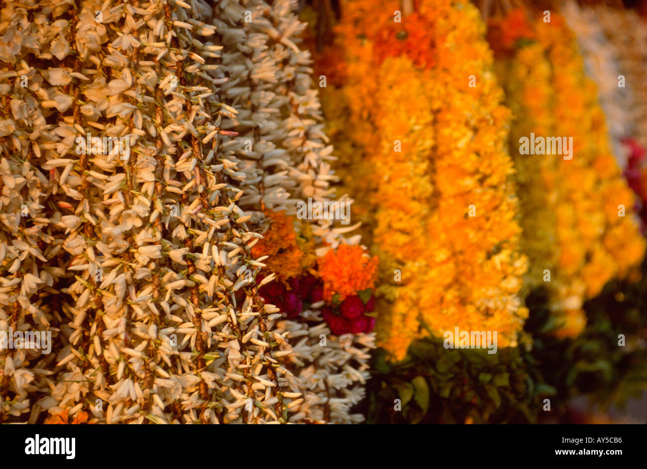 Religious flower garlands for sale at Chali Bazaar, Thiruvanathapuram