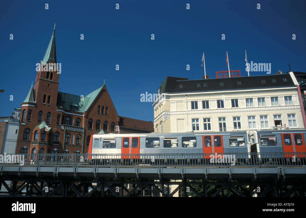 A train of the public transport system on a historic viaduct on line U3 ...