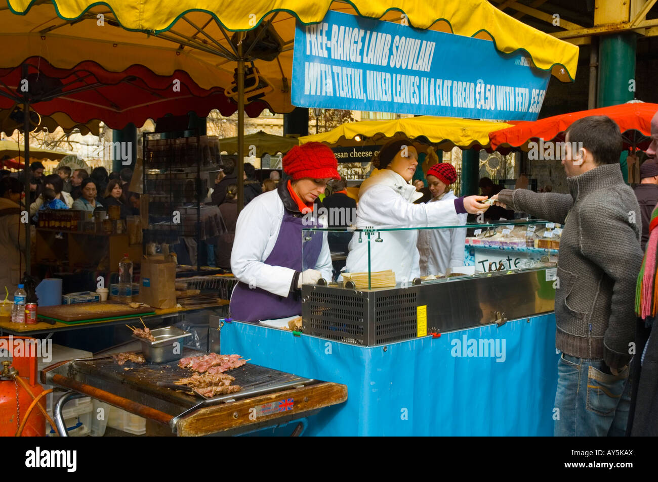 Free range lamb souvlaki at Borough Organic market in London UK Stock Photo