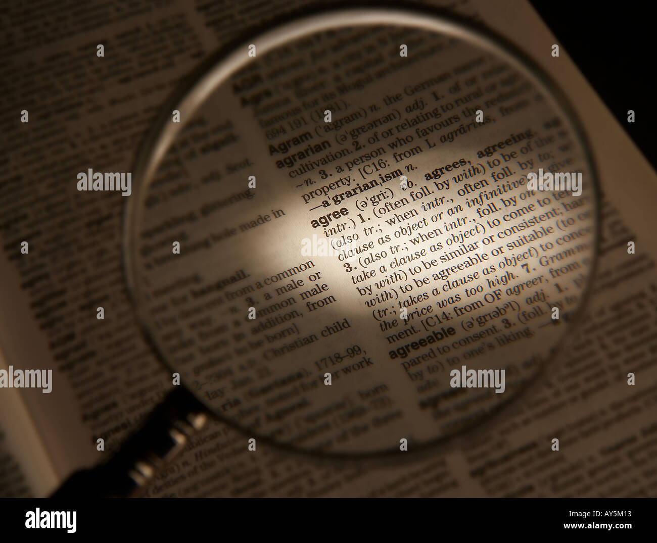 MAGNIFYING GLASS ON DICTIONARY PAGE SHOWING DEFINITION OF THE WORD AGREE Stock Photo