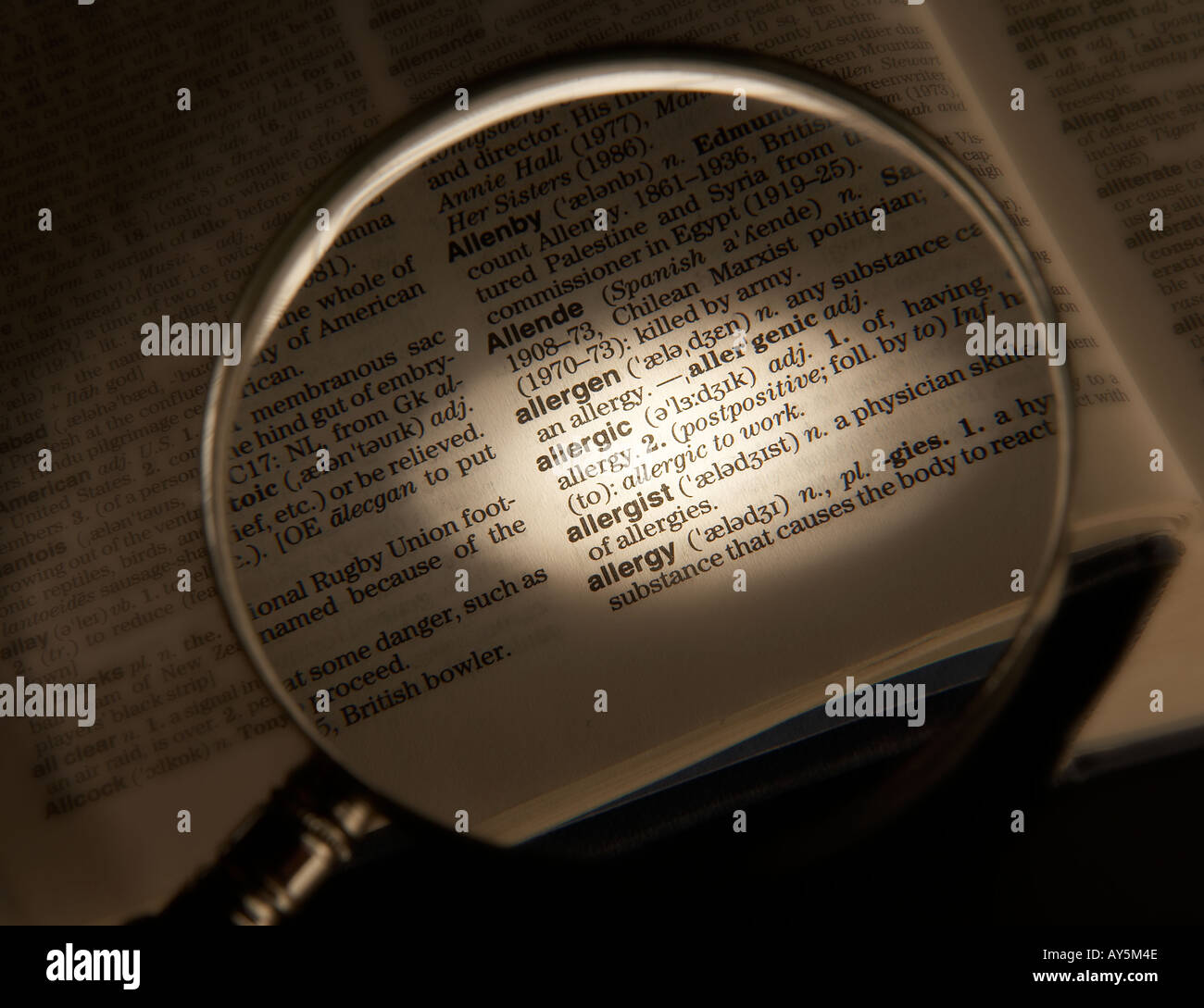 MAGNIFYING GLASS ON DICTIONARY PAGE SHOWING DEFINITION OF THE WORD ALLERGIC Stock Photo