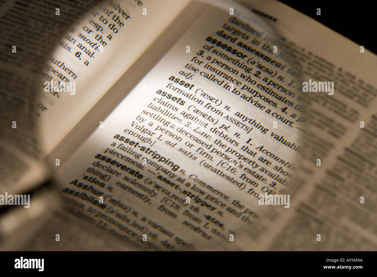 MAGNIFYING GLASS ON DICTIONARY PAGE SHOWING DEFINITION OF THE WORD ASSETS Stock Photo Alamy