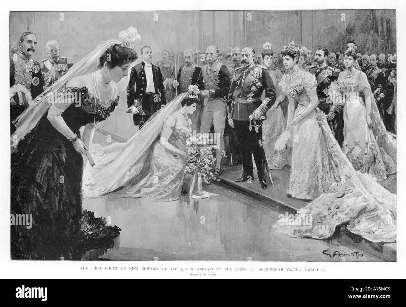 Debutantes, clad in their finery curtsey to King George V and Queen Mary  during a court presentation. Thus they are launched into  "Society". Date: 1928 - SuperStock