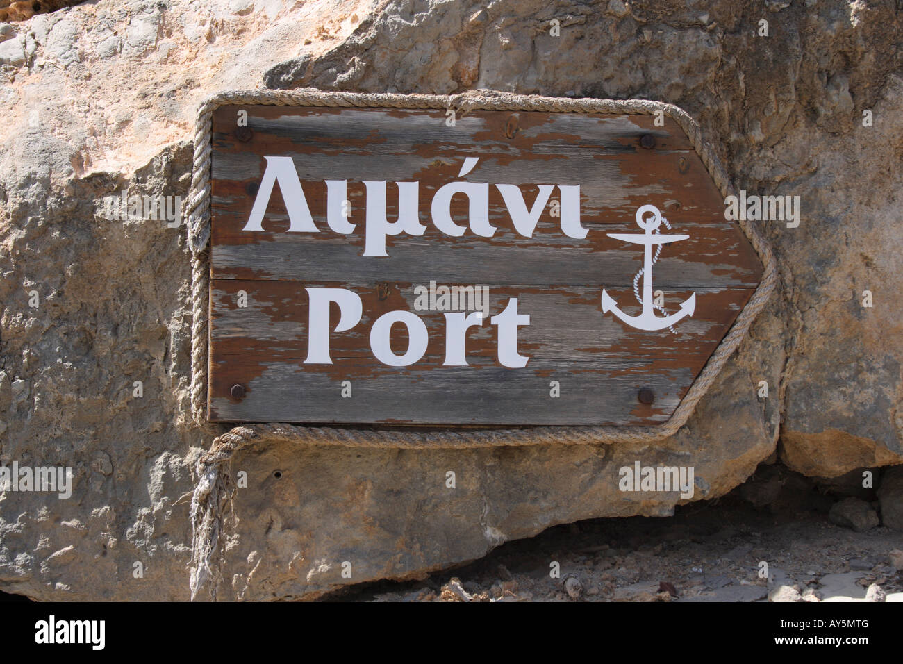 fingerpointer to port in english and greek language. Photo by Willy Matheisl Stock Photo