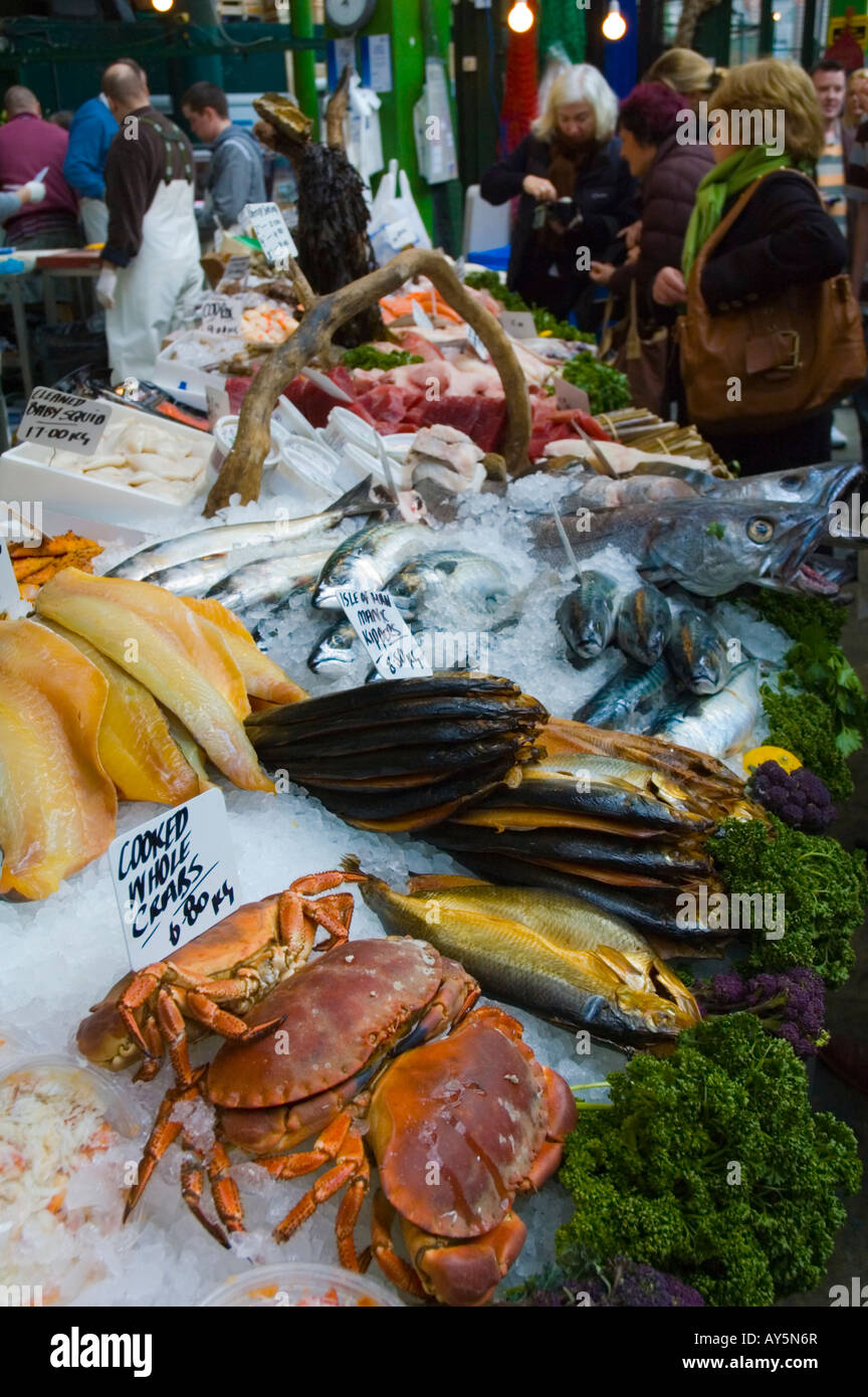 Seafood stall at Borough Organic market in London UK Stock Photo