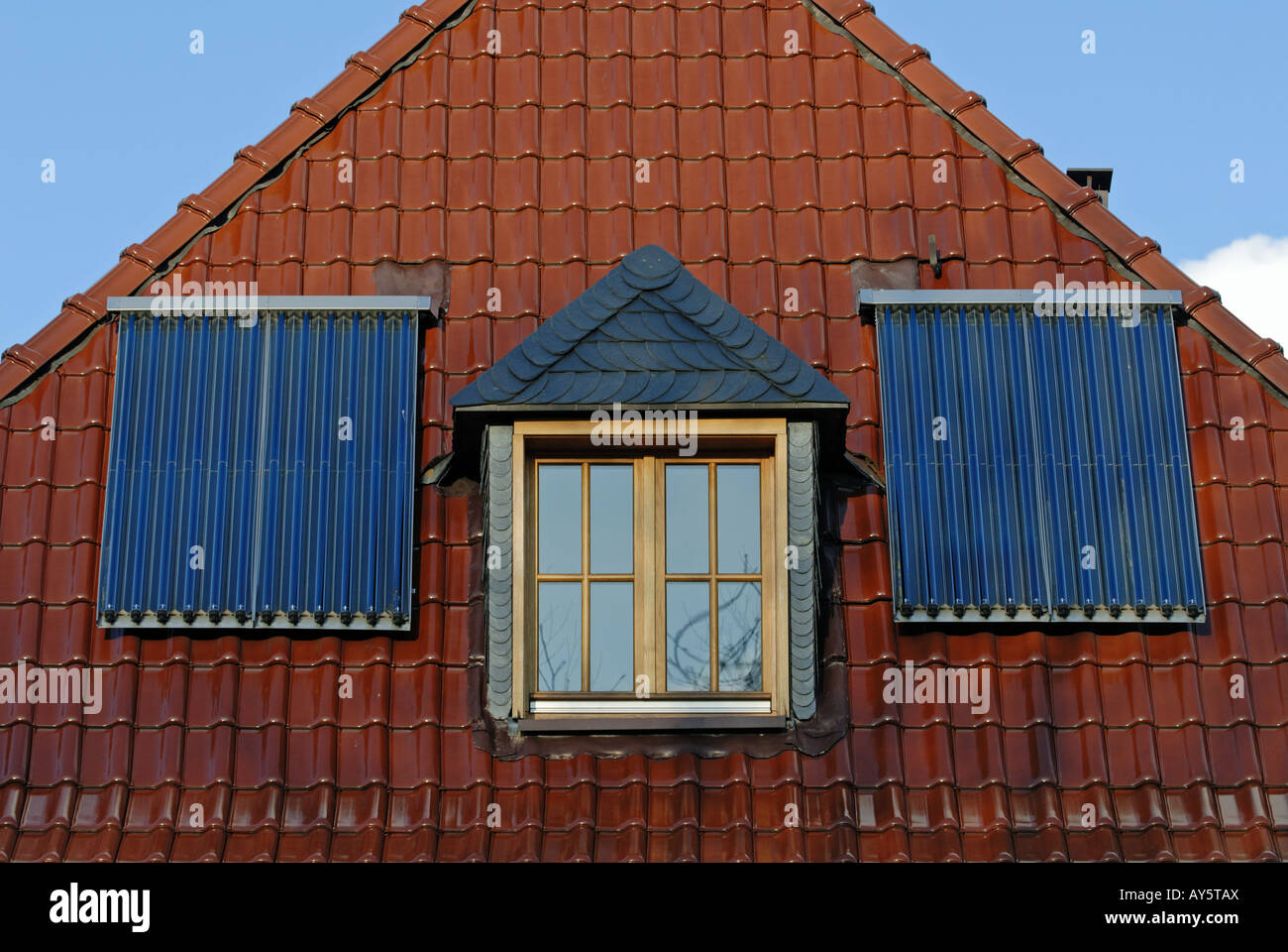 Solar water heating system fitted to the roof of a house in Solingen