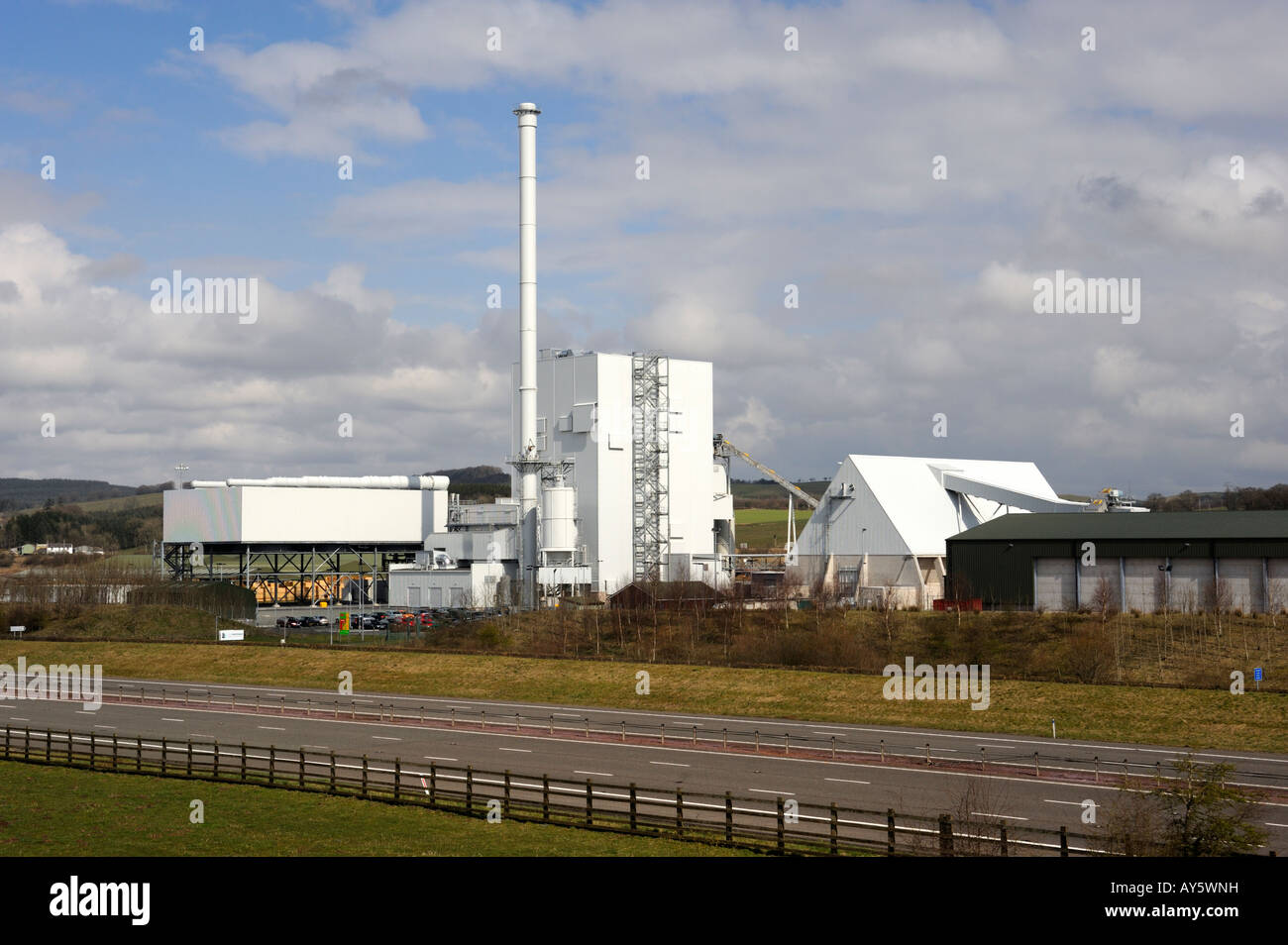 Steven's Croft Power Station , 44 mw . , wood burning power station , Lockerbie , Dumfries and Galloway , Scotland. Stock Photo