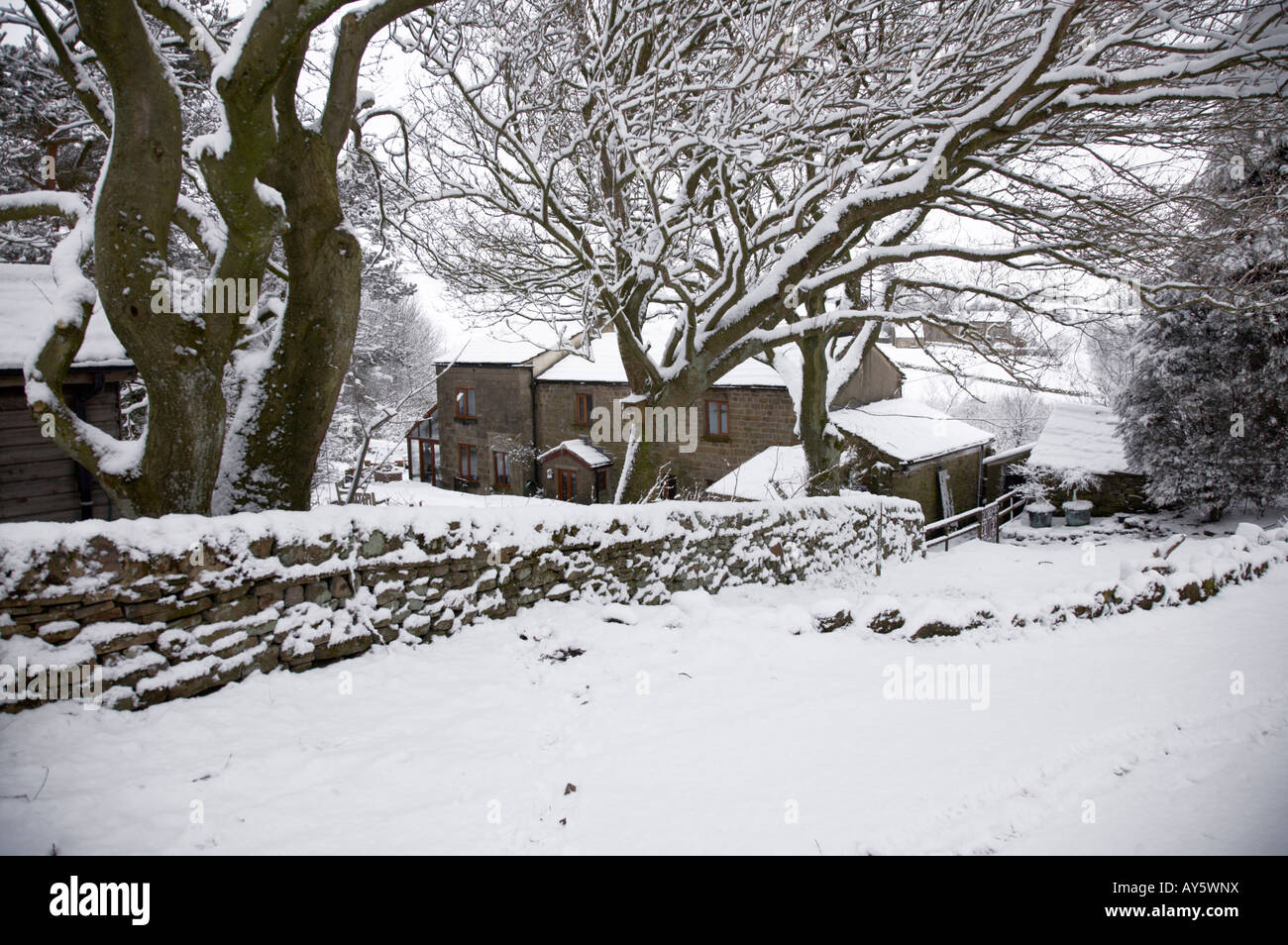 Yorkshire dales moorland cottage in Easter snow. North Yorkshire Stock Photo