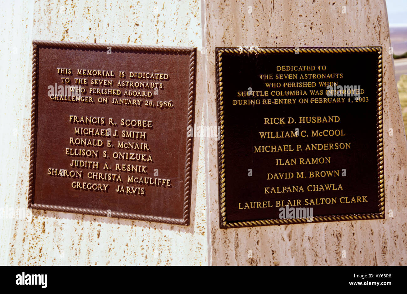 Memorial to Challenger and Columbia space shuttle astronauts, at the International Space Hall of Fame in Alamogordo, New Mexico. Stock Photo