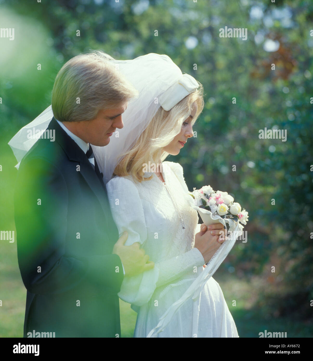 Bride and groom after wedding outdoors Stock Photo