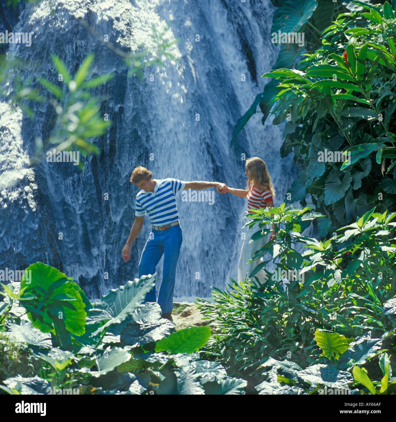 Couple at Dunns River Falls in Jamaica Stock Photo