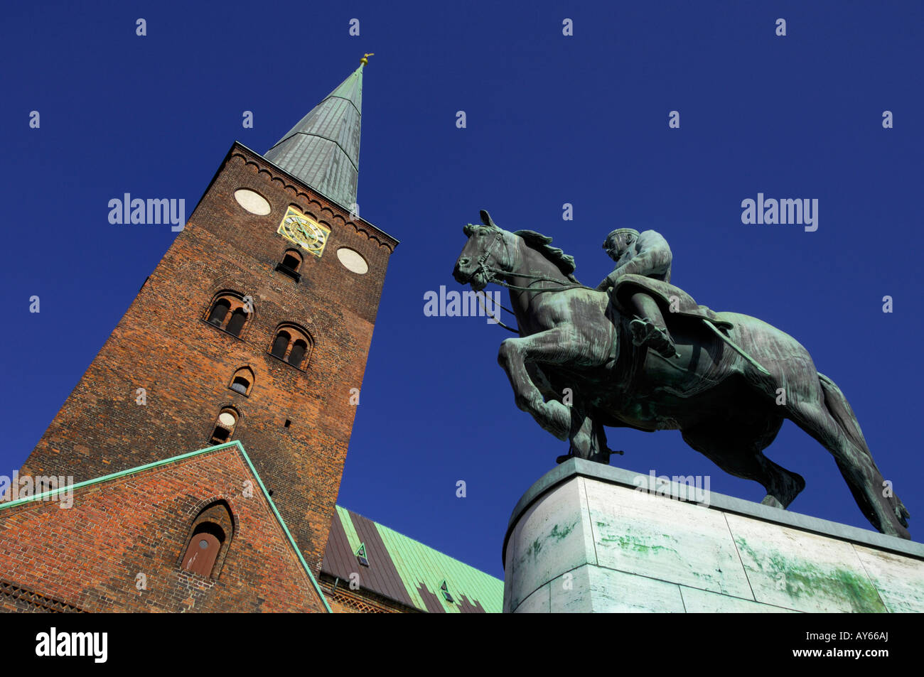 Aarhus Domkirke cathedral and Christian X statue Denmark Stock Photo