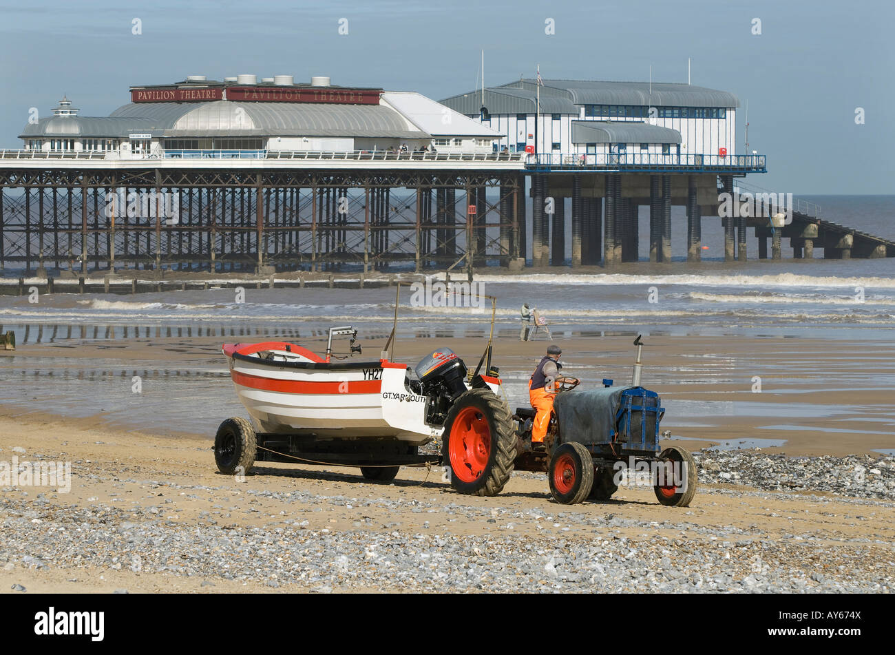 fishing boat and tractor, cromer beach, norfolk, england Stock Photo