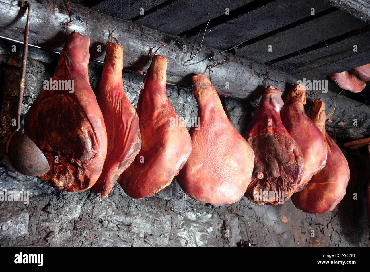 Oak smoked hams Prsut Balkan delicacy Stock Photo