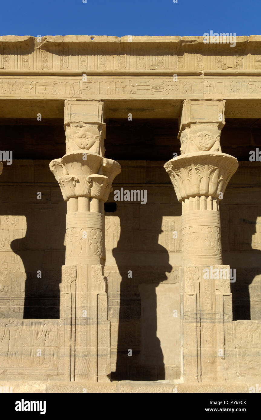 Hathoric columns detail Philae temple Egypt North Africa Stock Photo