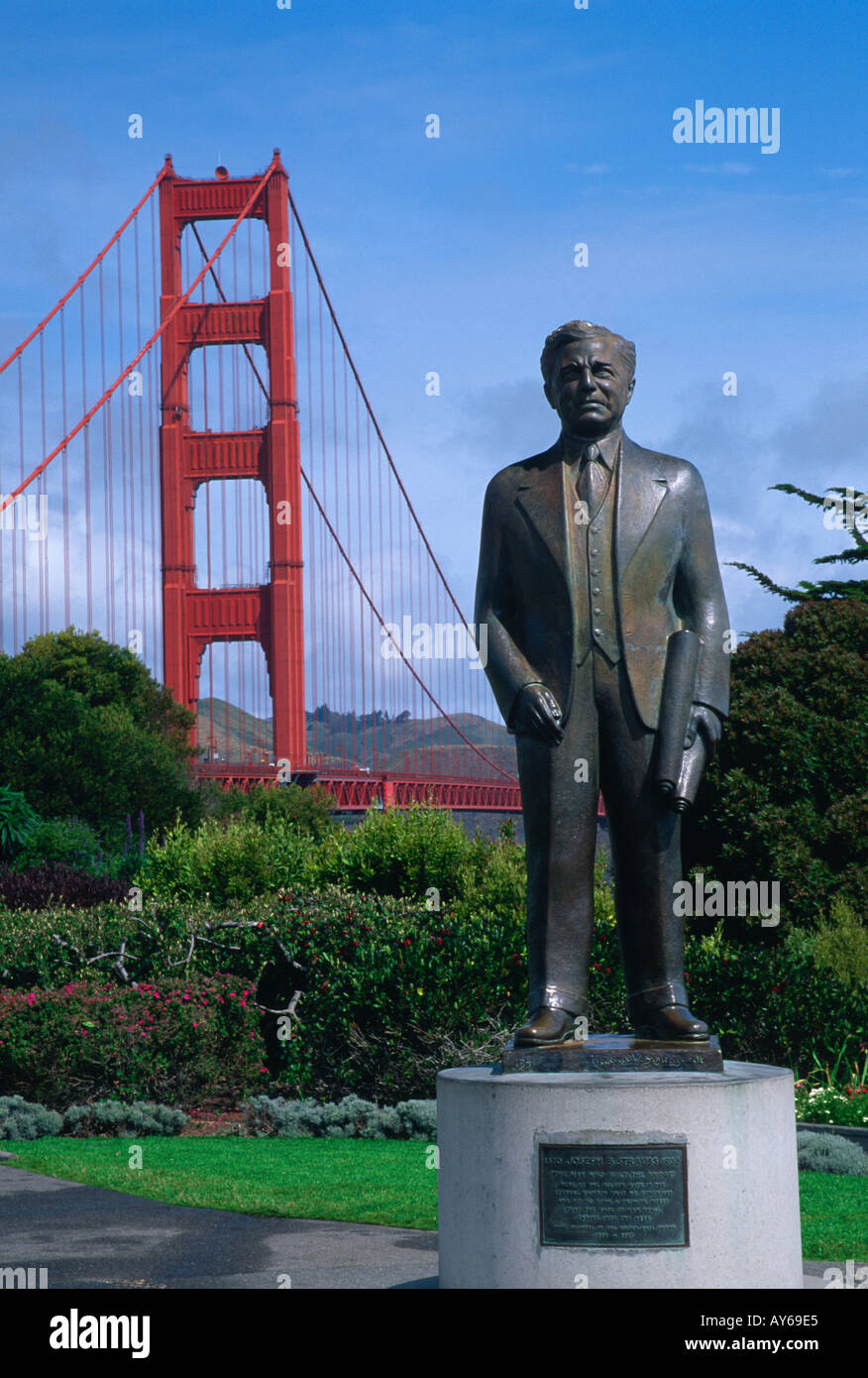 Golden Gate Bridge and Statue of Josef Strauss the lead designer of the bridge. Stock Photo