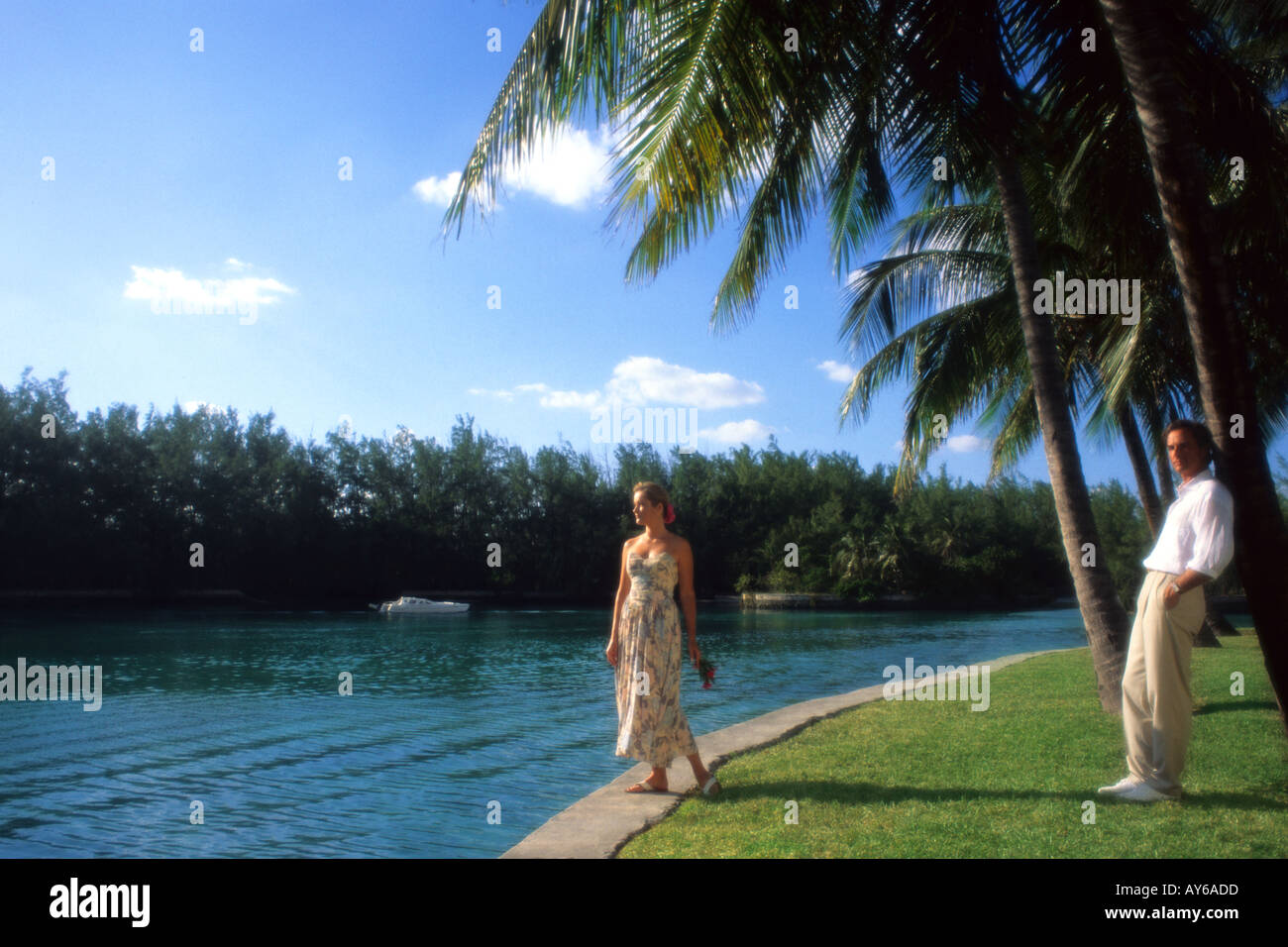 Romantic Upscale Couple on Secluded Caribbean Waterway Stock Photo