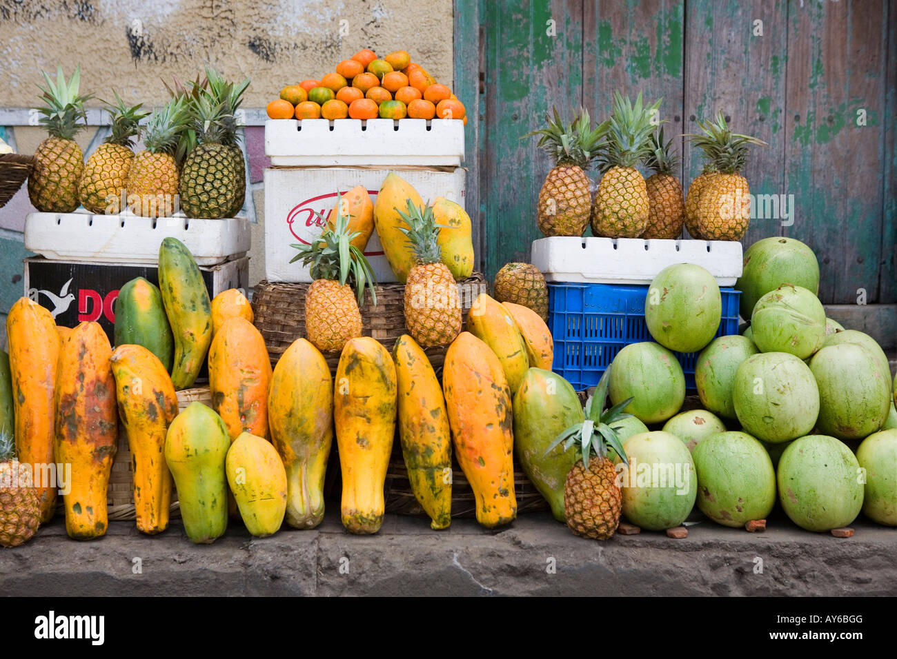 Display of fruit including papaya pineapple melons oranges Leon