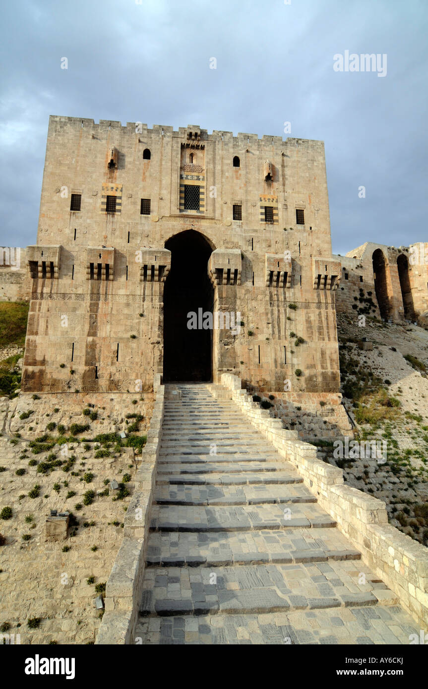 A view of the bridge and entrance of the citadel in the old town of Aleppo, Syria. Stock Photo