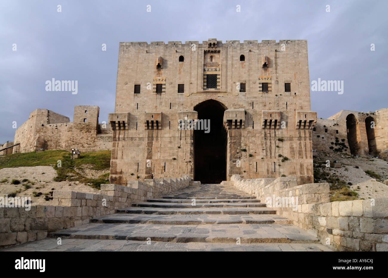 A view of the bridge and entrance of the citadel in the old town of Aleppo, Syria. Stock Photo