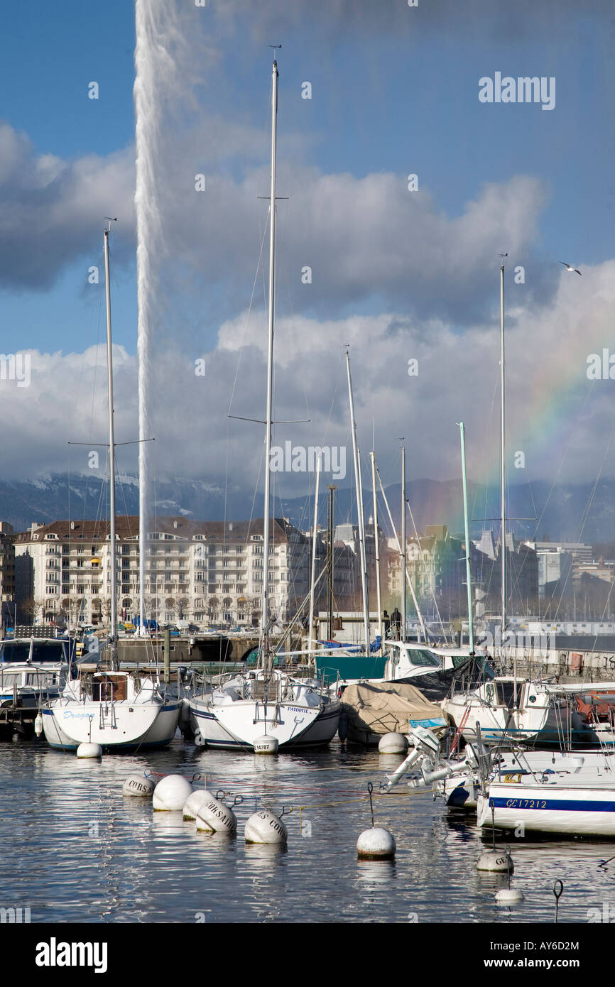 Yachts in moored in a marina on Lake Geneva (Lac Léman) in winter. Geneva, Switzerland. Stock Photo