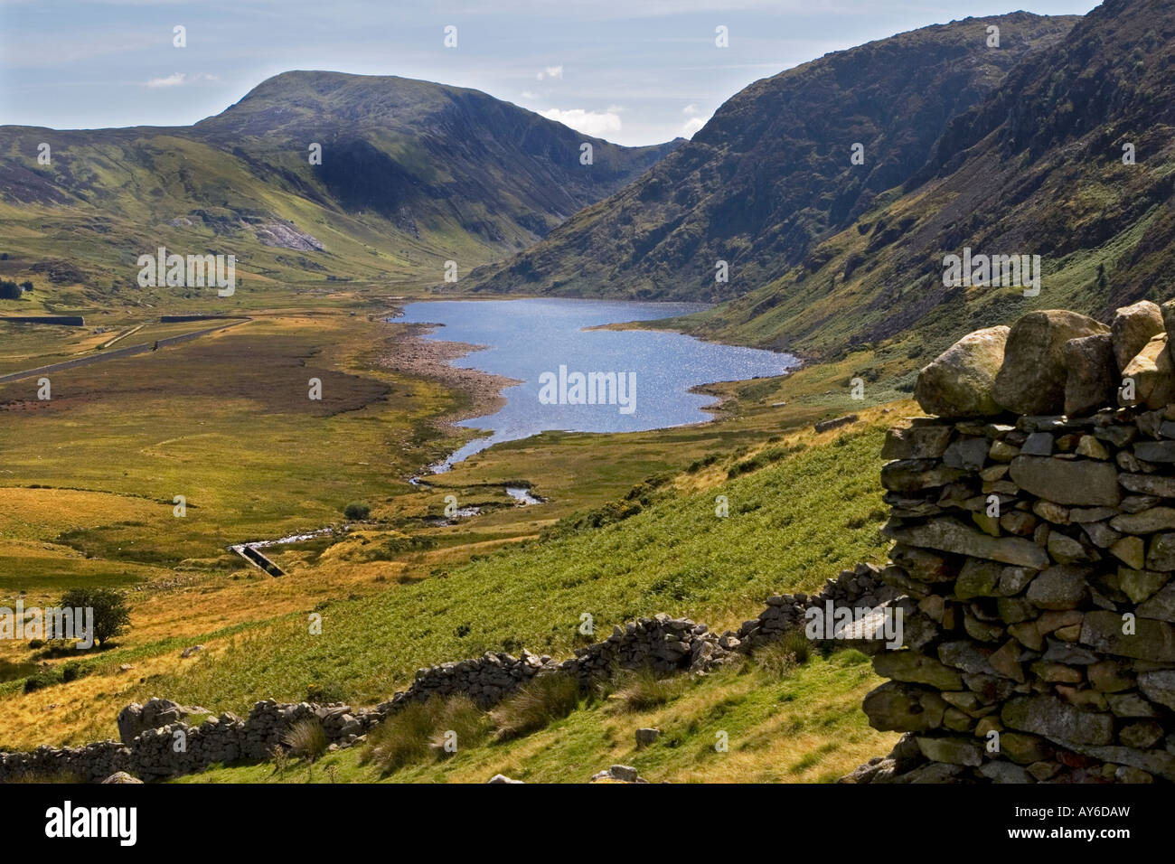 Llyn Eigiau, historic lake and dam, showing breach in old dam wall