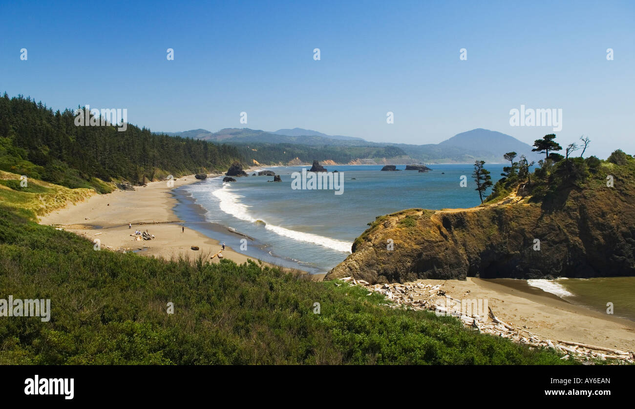 Battle Rock Park beach sea stacks and view to Humbug Mountain Port Orford Oregon Coast Stock