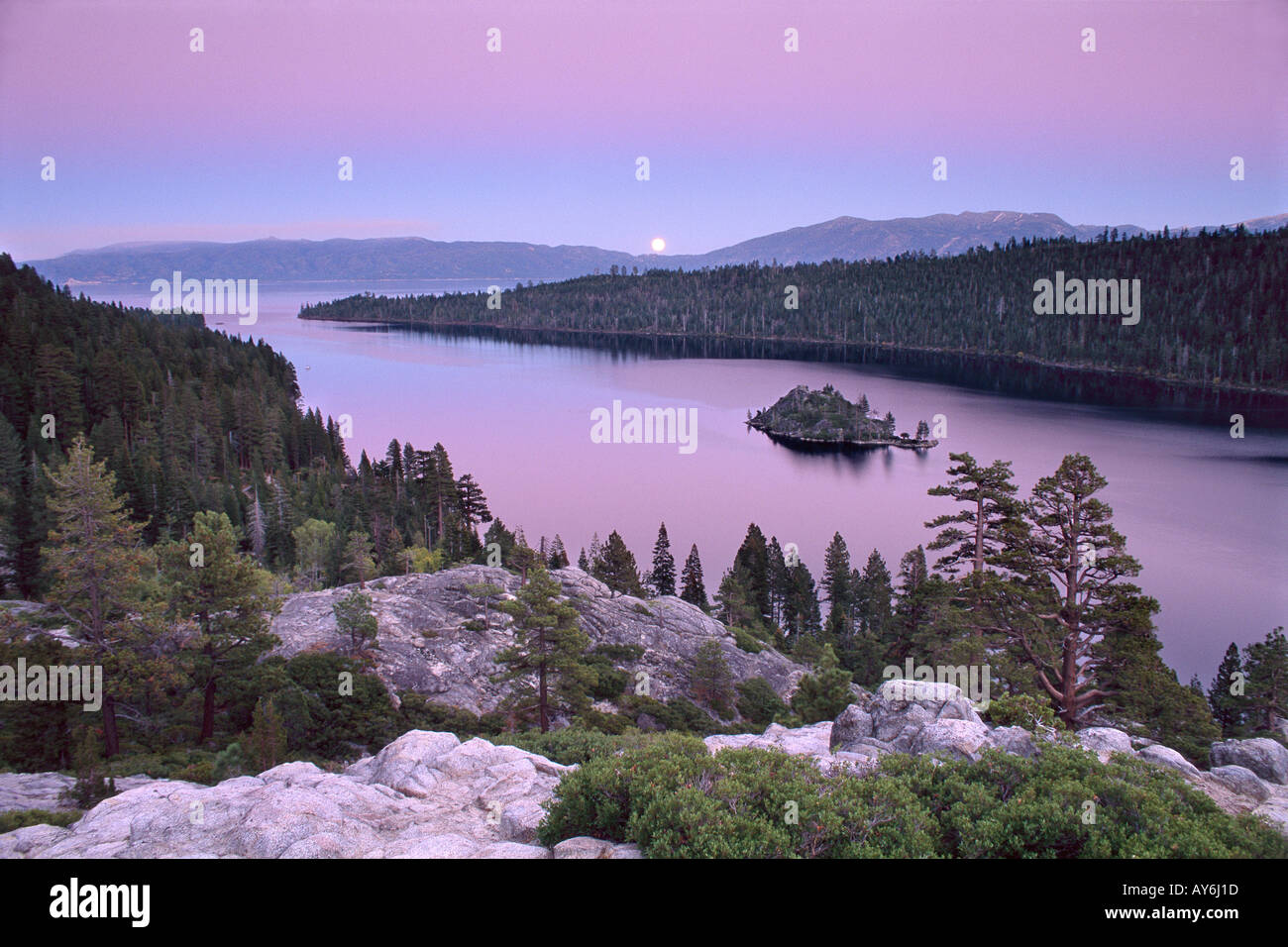 Full moon over Emerald Bay at sunset Lake Tahoe California USA Stock